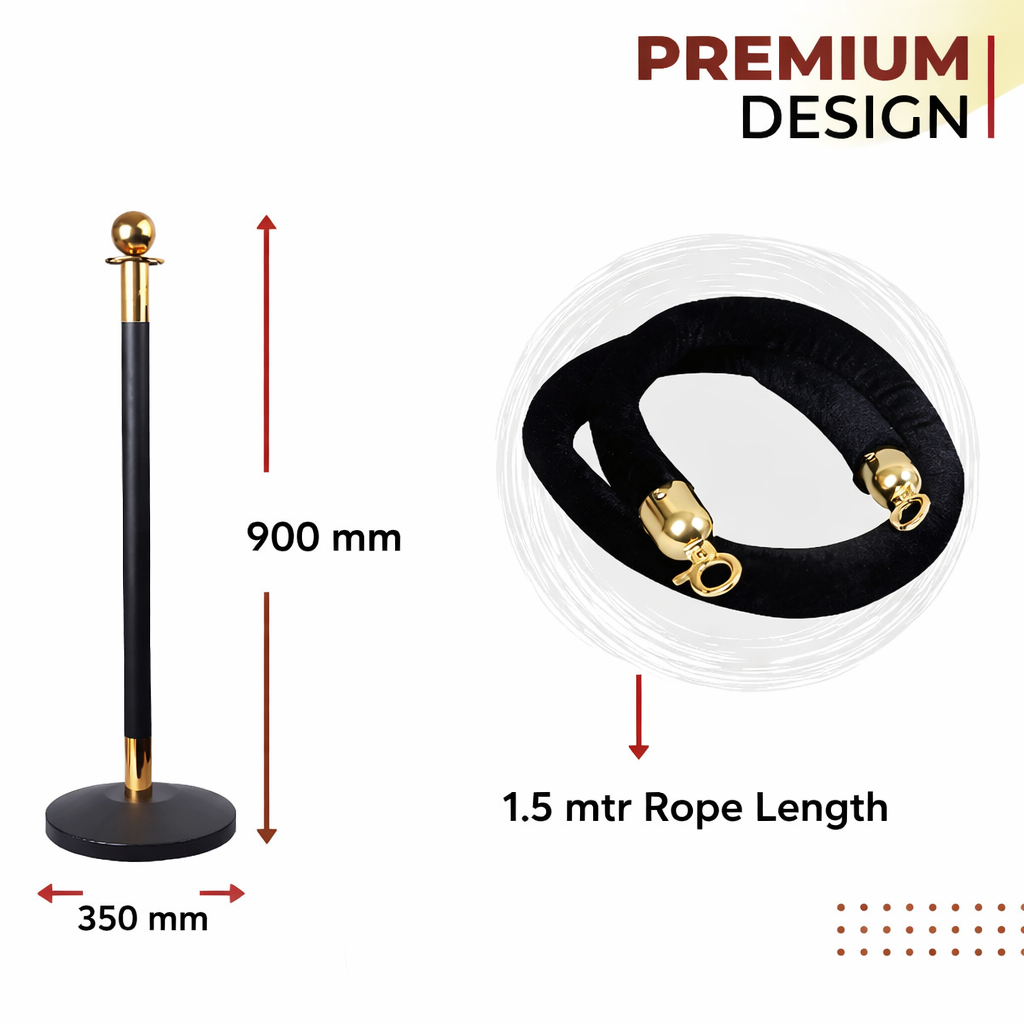 Stainless Steel Black Queue Manager Barricade with Black Velvet Rope, (900mm Pillar, 1.5mtr Rope) Kunplast