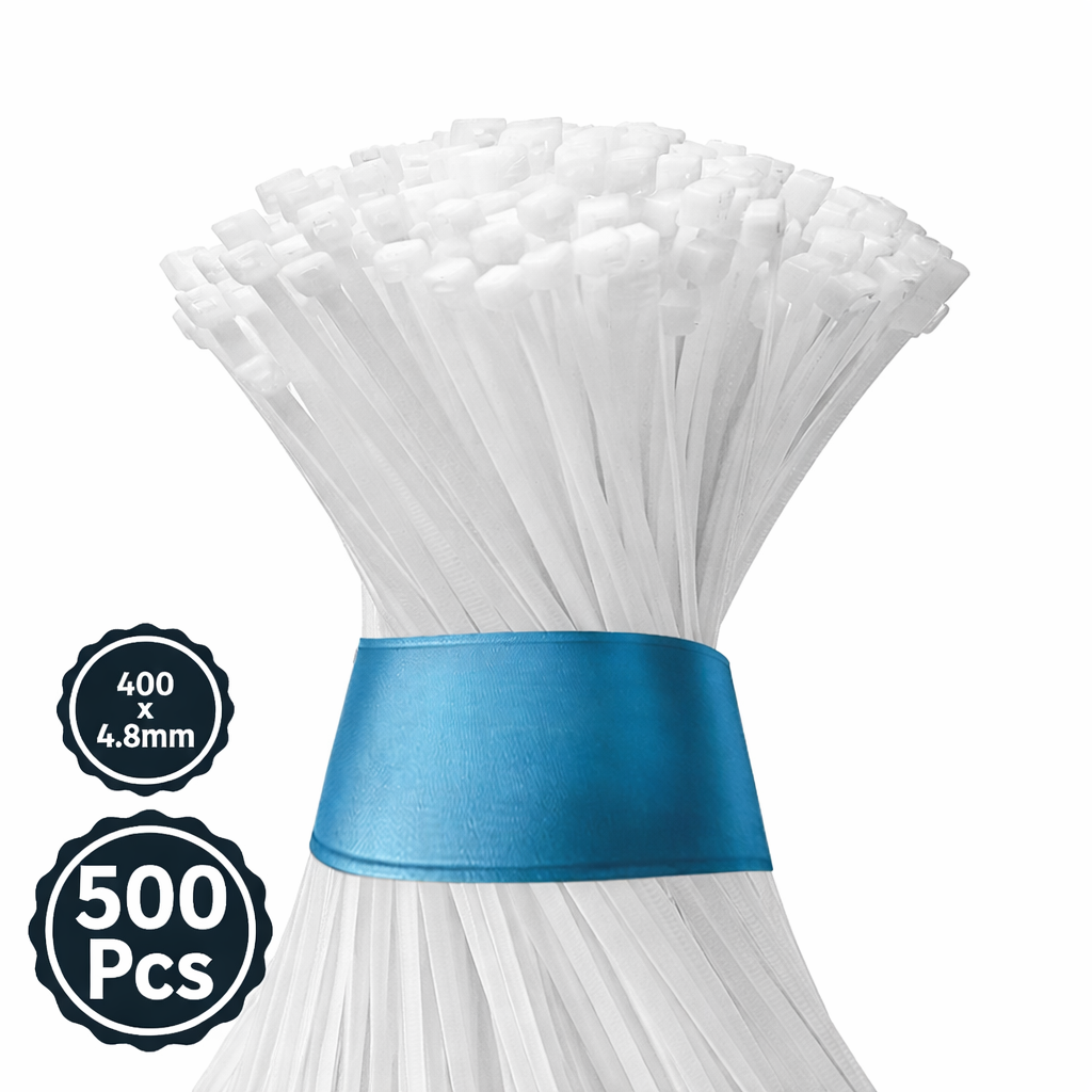 Locking Cable Ties, 400 X 4.8 mm, White, Heat Resistant Cable Zip Ties, Self-Locking Cable Organizer, Anti - Slip Wire Organizer, For Indoor & Outdoor Use Kunplast