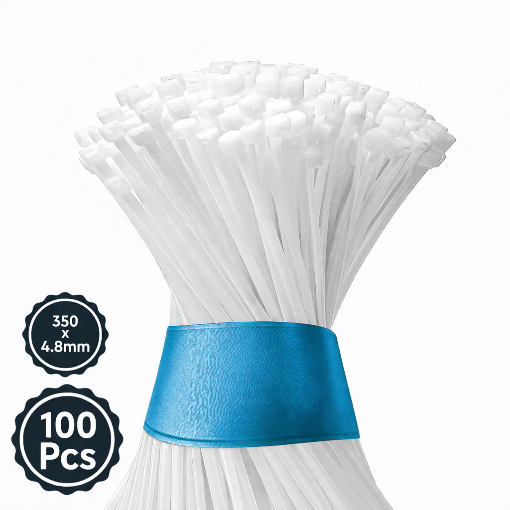 Self Locking Cable Ties, 350 X 4.8 mm, White, Heat Resistant Cable Zip Ties, Self-Locking Cable Organizer, Anti - Slip Wire Organizer, For Indoor & Outdoor Use Kunplast