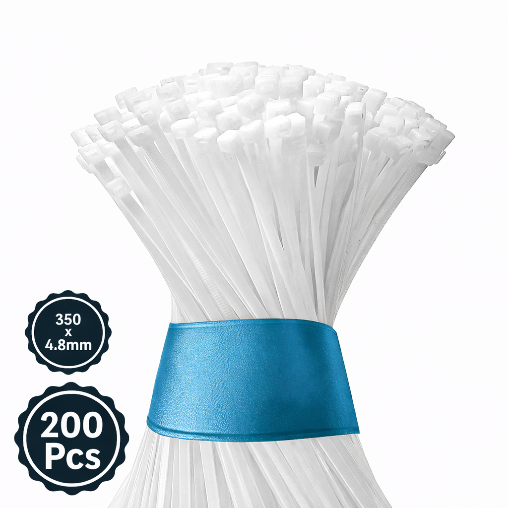 Self Locking Cable Ties, 350 X 4.8 mm, White, Heat Resistant Cable Zip Ties, Self-Locking Cable Organizer, Anti - Slip Wire Organizer, For Indoor & Outdoor Use Kunplast