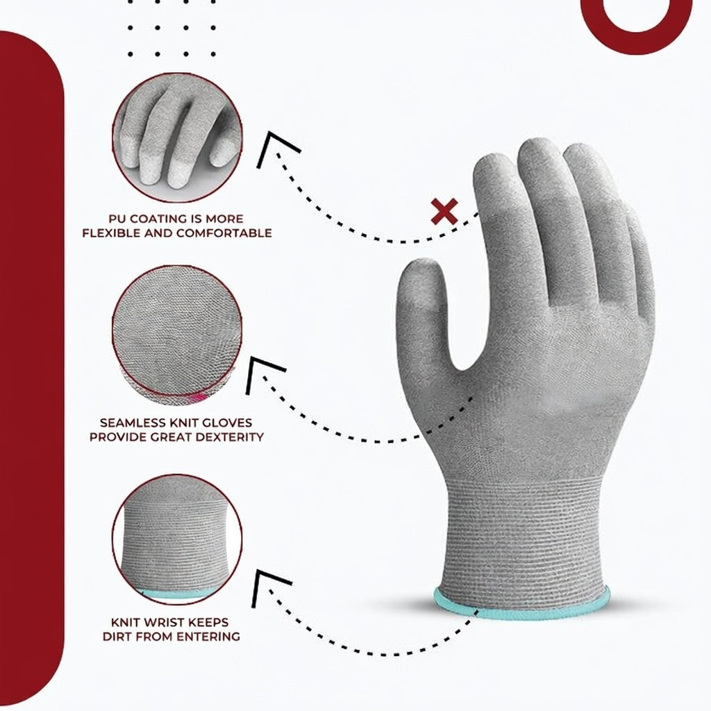 ESD Grey Safety gloves | Pack of 1 | Carbon Fibre with Anti - Static Technology | Snug Fit, Slip Resistant | Reusable & Washable Gloves | Hand Gloves for Electrical Appliances Kunplast