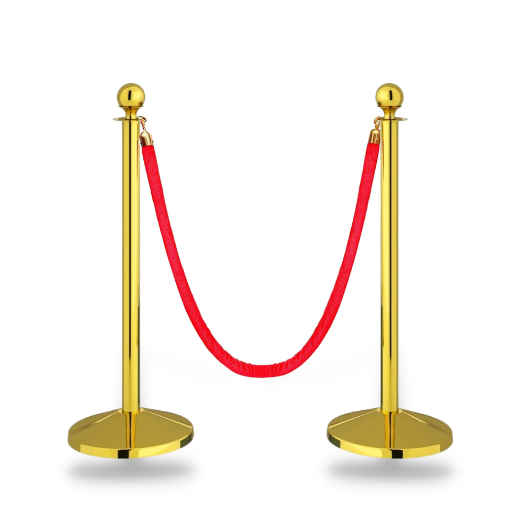 Stainless Steel Golden Queue Manager Barricade with Red Velvet Rope (900mm Pillar, 1.5mtr Rope) Kunplast