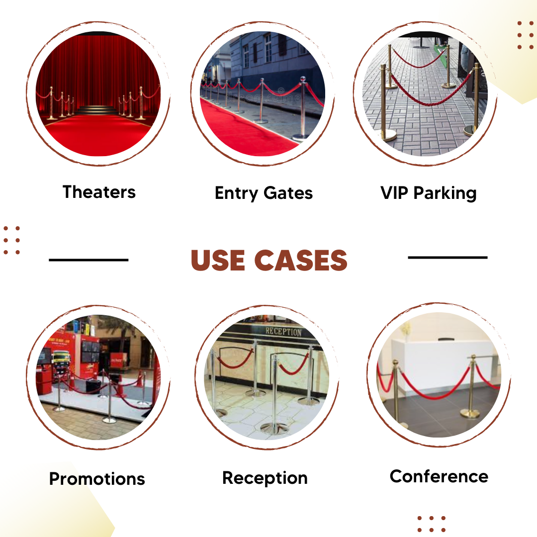 Stainless Steel Golden Queue Manager Barricade with Red Velvet Rope (900mm Pillar, 1.5mtr Rope) Kunplast