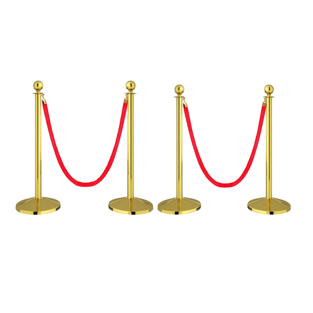 Stainless Steel Golden Queue Manager Barricade with Red Velvet Rope (900mm Pillar, 1.5mtr Rope) Kunplast