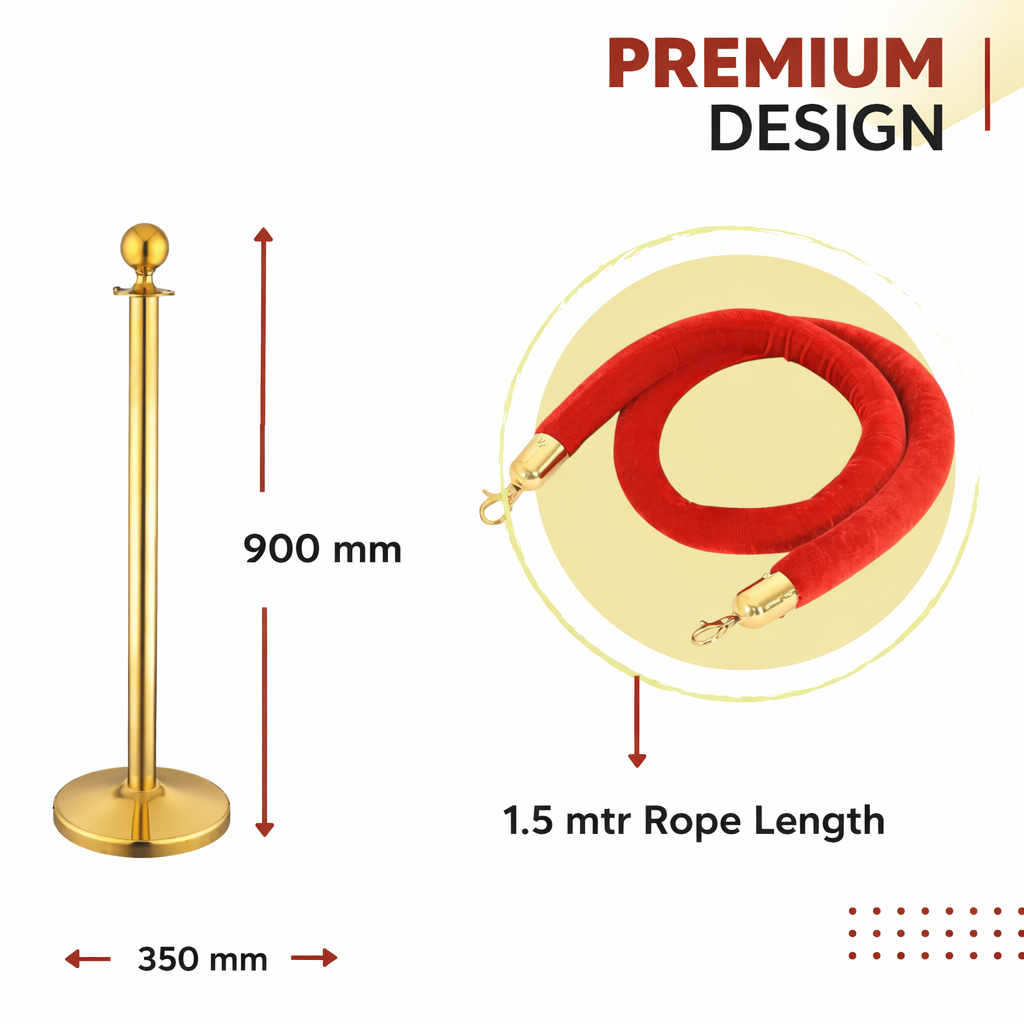 Stainless Steel Golden Queue Manager Barricade with Red Velvet Rope (900mm Pillar, 1.5mtr Rope) Kunplast