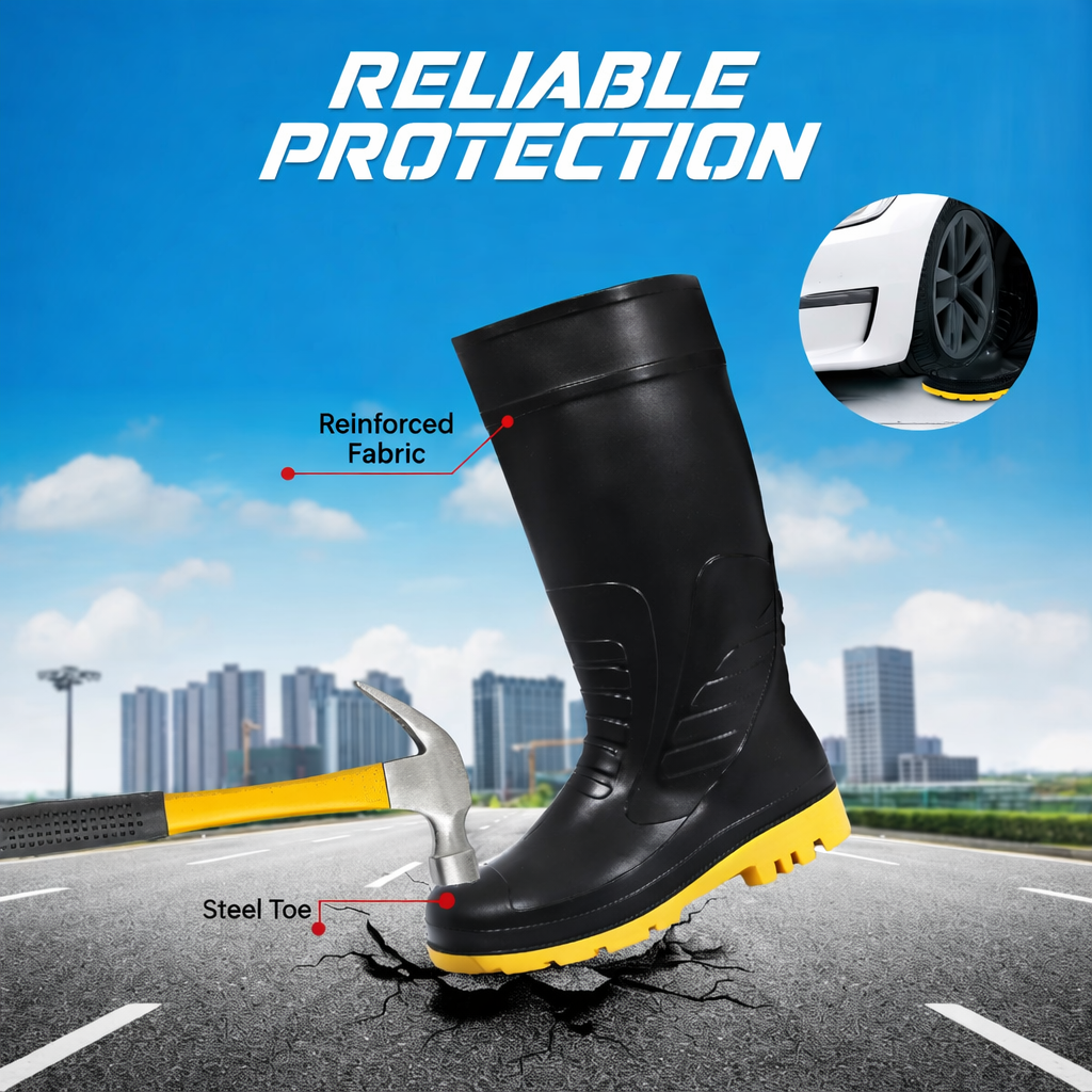 Steel Toe Lightweight Gum Boots, Standard Steel Safety Shoes, Anti Slip, Waterpoof, Breathable Printed Leather Shoes, Puncture and Tear Resistant, for Industrial Use (Yellow) Kunplast