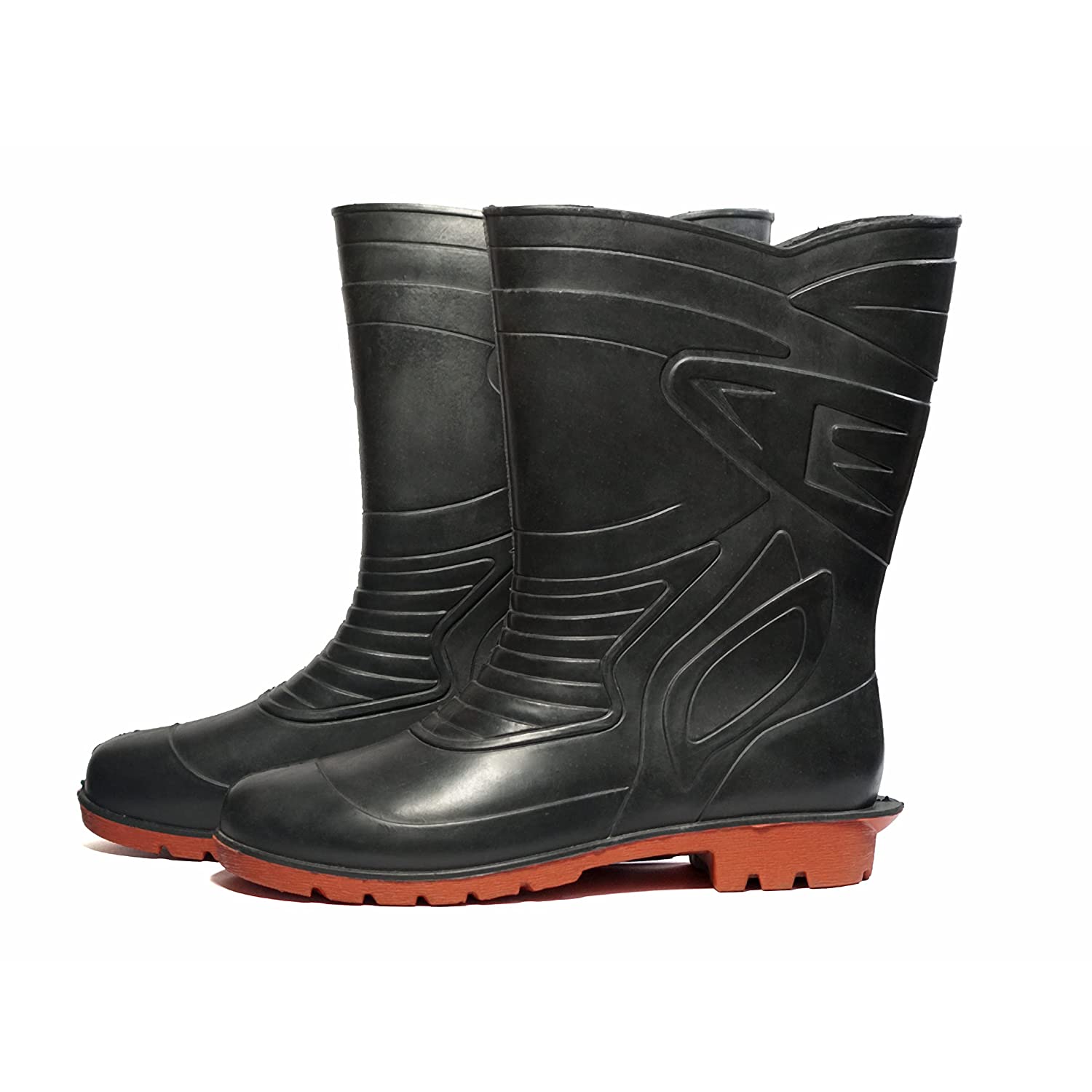 Health Safe Gum Boot For Men, (28.5cm Height) (Black/Red) Flexible PVC, Puncture & Tear Resistant, Anti-Slip, Oil/Water/Acid Resistance, Lightweight, Industrial/Labor Purpose, Unisex Gumboot Kunplast
