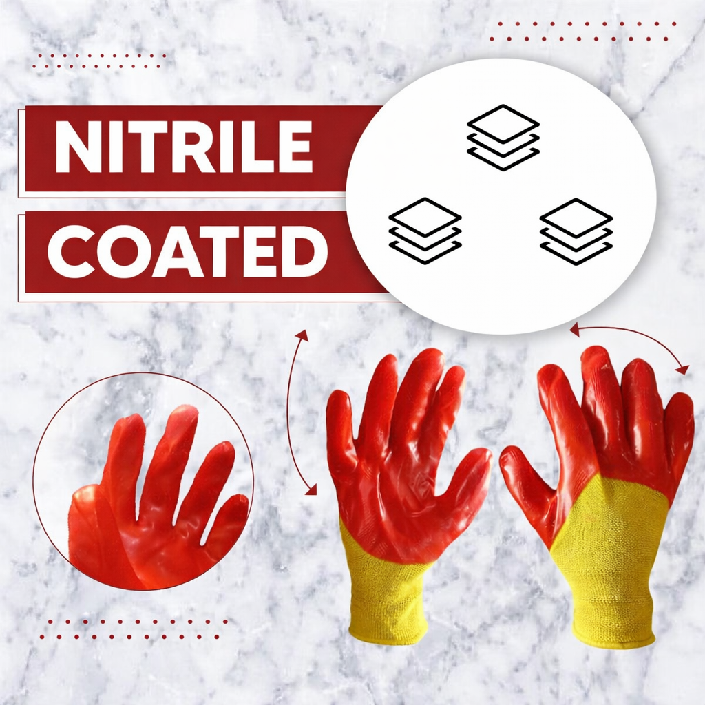 Nylon Nitrile Half Coated (Back Also) Industrial Safety Hand Gloves Anti-Cut, Cut Resistant, Heat Resistant, Industrial Use, for Finger and Hand Protection Kunplast
