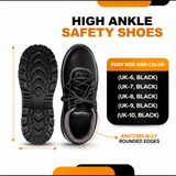 High Ankle Safety Shoes for Men & Women, Synthetic Leather Upper, Steel Toe Leather Safety Shoe (Black) Kunplast