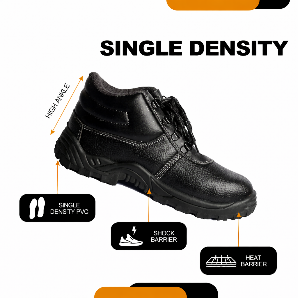 High Ankle Safety Shoes for Men & Women, Synthetic Leather Upper, Steel Toe Leather Safety Shoe (Black) Kunplast