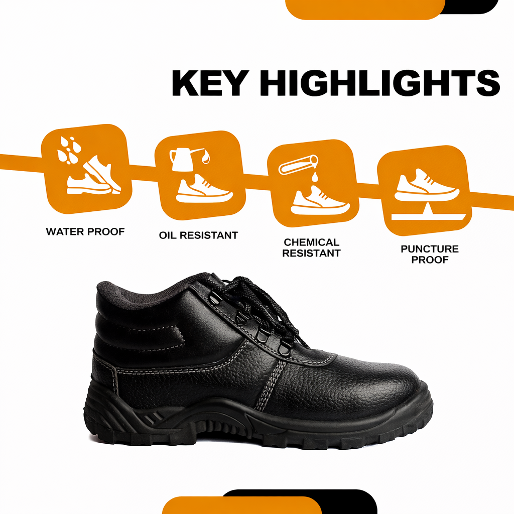 High Ankle Safety Shoes for Men & Women, Synthetic Leather Upper, Steel Toe Leather Safety Shoe (Black) Kunplast