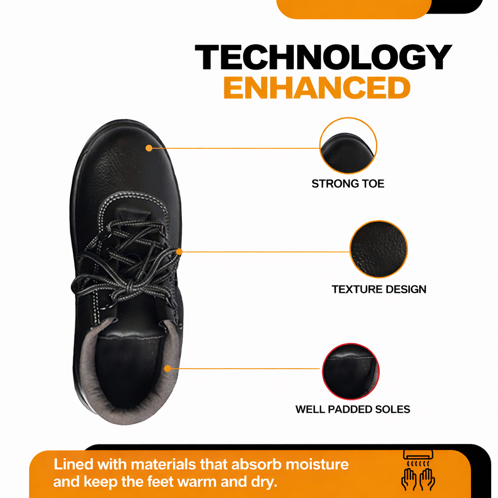 High Ankle Safety Shoes for Men & Women, Synthetic Leather Upper, Steel Toe Leather Safety Shoe (Black) Kunplast