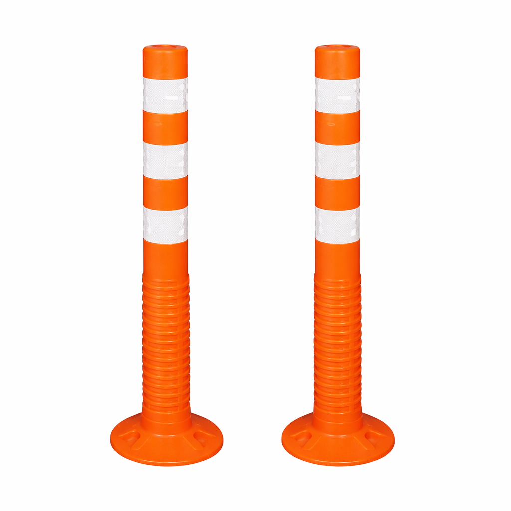 Kunplast Flexible Plastic Spring Post Barrier High Grade Polymer Material With 3 White Reflective Tapes Easy To Install Safety T- Top Bollard Barrier Parking Block (Orange) Kunplast