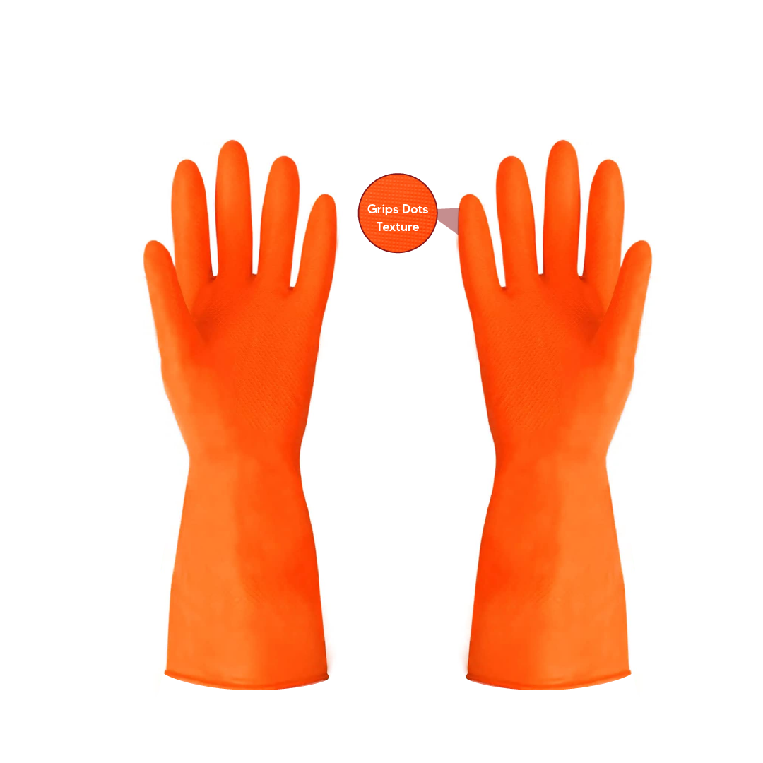 Premium Orange Rubber Cleaning Gloves, Reusable Gloves for Cleaning, Chemicals & Detergents Resistant, Heavy Duty Hand Gloves, Hand Gloves for Dish Washing, Gardening & Cleaning Kunplast