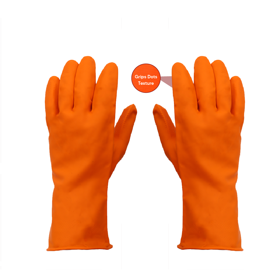 Premium Orange Rubber Cleaning Gloves, Reusable Gloves for Cleaning, Chemicals & Detergents Resistant, Heavy Duty Hand Gloves, Hand Gloves for Dish Washing, Gardening & Cleaning Kunplast