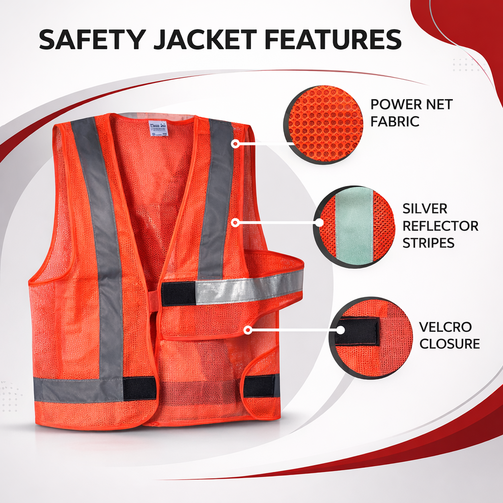 Health Safe Polyster Fabric Orange Reflective Safety Jacket Safety Coat With Velcro Clousure For Traffic, Sports, Construction Site Kunplast