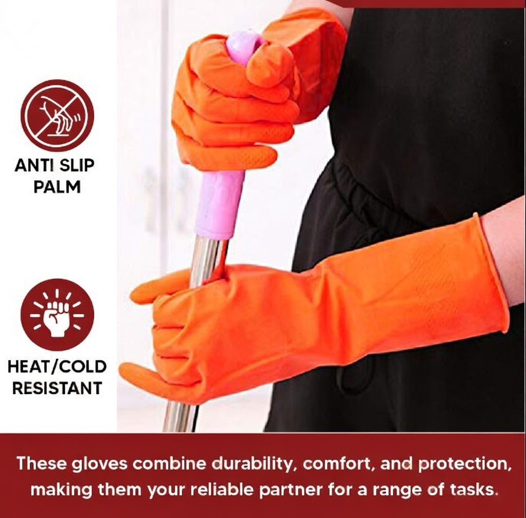 Premium Orange Rubber Cleaning Gloves, Reusable Gloves for Cleaning, Chemicals & Detergents Resistant, Heavy Duty Hand Gloves, Hand Gloves for Dish Washing, Gardening & Cleaning Kunplast