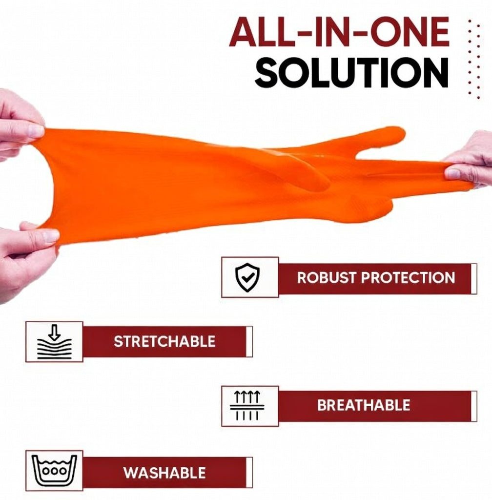 Premium Orange Rubber Cleaning Gloves, Reusable Gloves for Cleaning, Chemicals & Detergents Resistant, Heavy Duty Hand Gloves, Hand Gloves for Dish Washing, Gardening & Cleaning Kunplast