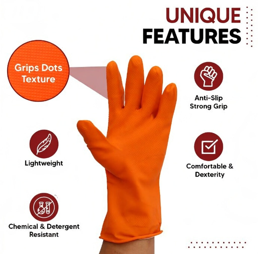 Premium Orange Rubber Cleaning Gloves, Reusable Gloves for Cleaning, Chemicals & Detergents Resistant, Heavy Duty Hand Gloves, Hand Gloves for Dish Washing, Gardening & Cleaning Kunplast
