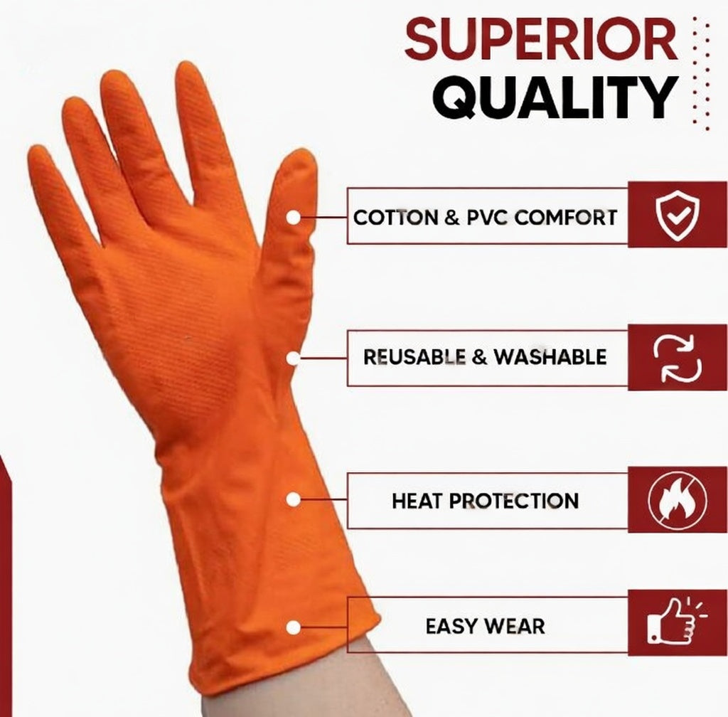 Premium Orange Rubber Cleaning Gloves, Reusable Gloves for Cleaning, Chemicals & Detergents Resistant, Heavy Duty Hand Gloves, Hand Gloves for Dish Washing, Gardening & Cleaning Kunplast