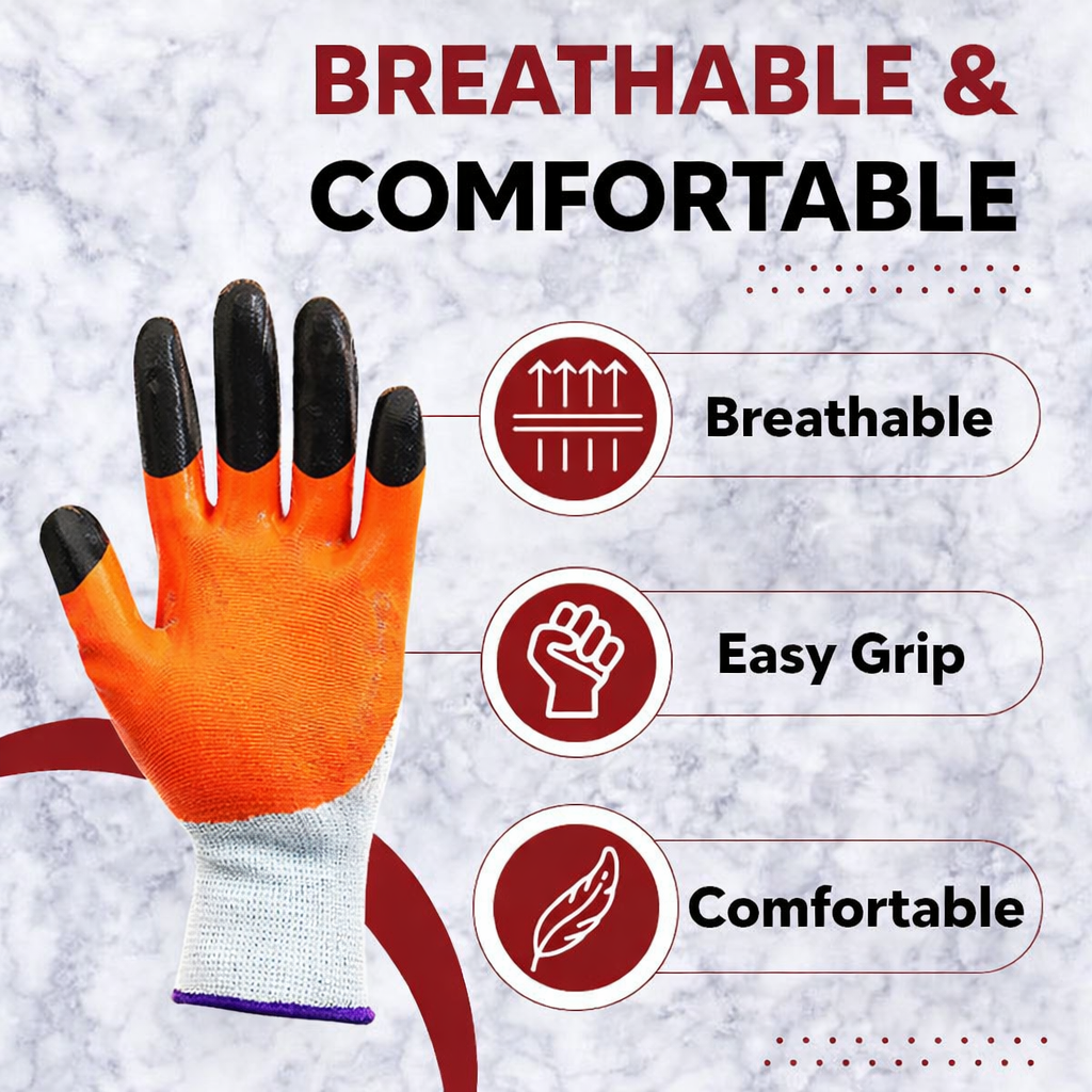 Nylon Nitrile Half Coated (Back Also) Industrial Safety Hand Gloves Anti-Cut, Cut Resistant, Heat Resistant, Industrial Use, for Finger and Hand Protection Kunplast