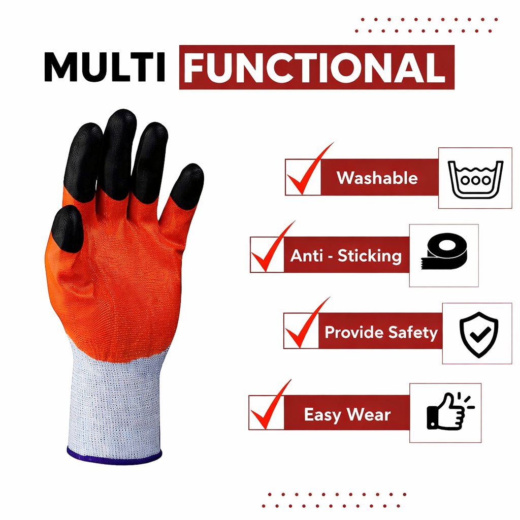 Nylon Nitrile Half Coated (Back Also) Industrial Safety Hand Gloves Anti-Cut, Cut Resistant, Heat Resistant, Industrial Use, for Finger and Hand Protection Kunplast