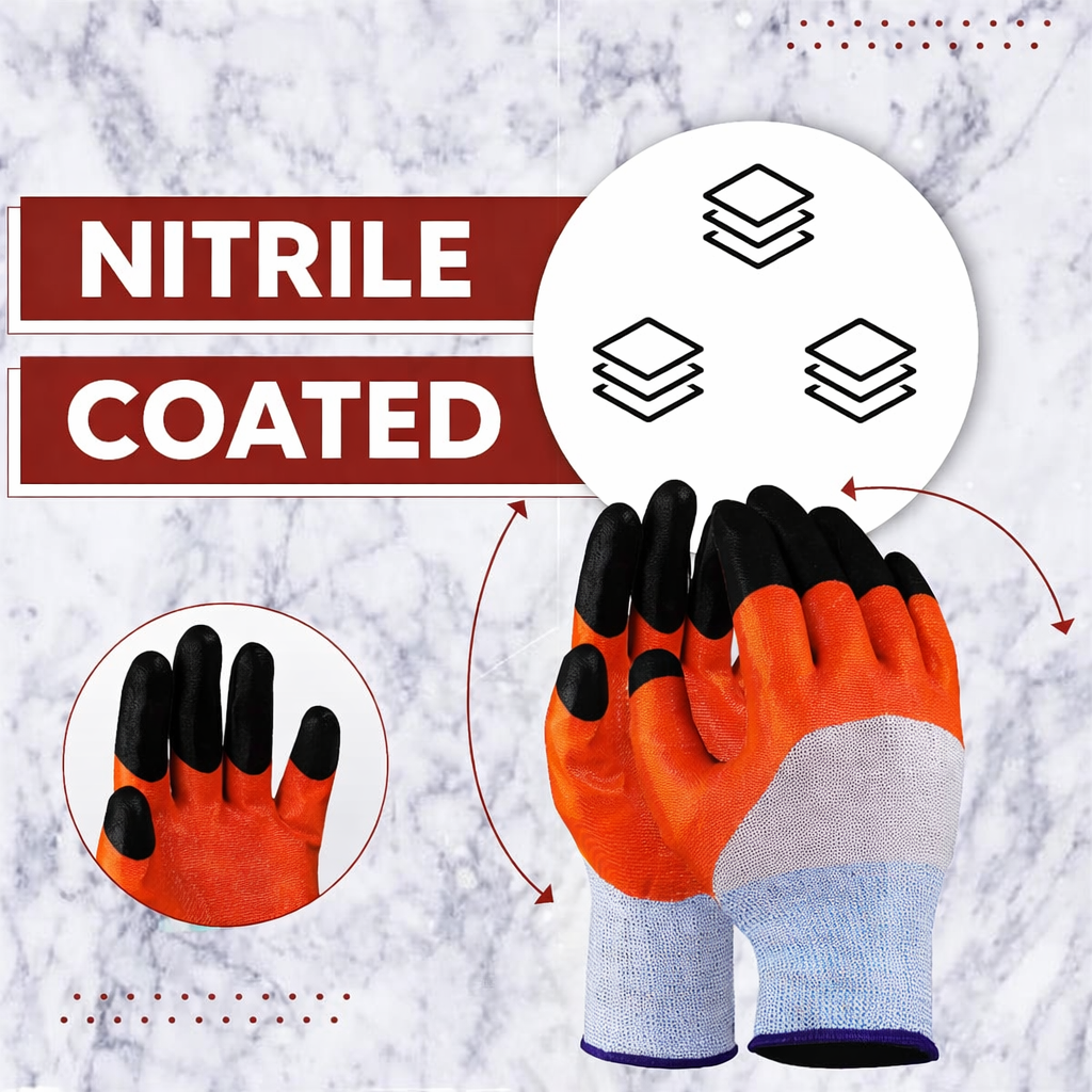 Nylon Nitrile Half Coated (Back Also) Industrial Safety Hand Gloves Anti-Cut, Cut Resistant, Heat Resistant, Industrial Use, for Finger and Hand Protection Kunplast
