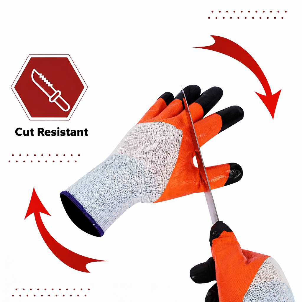 Nylon Nitrile Half Coated (Back Also) Industrial Safety Hand Gloves Anti-Cut, Cut Resistant, Heat Resistant, Industrial Use, for Finger and Hand Protection Kunplast