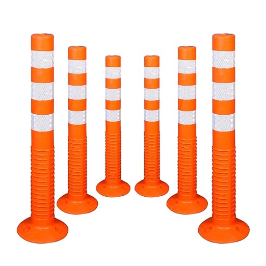 Kunplast Flexible Plastic Spring Post Barrier High Grade Polymer Material With 3 White Reflective Tapes Easy To Install Safety T- Top Bollard Barrier Parking Block (Orange) Kunplast