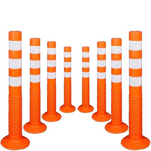 Kunplast Flexible Plastic Spring Post Barrier High Grade Polymer Material With 3 White Reflective Tapes Easy To Install Safety T- Top Bollard Barrier Parking Block (Orange) Kunplast