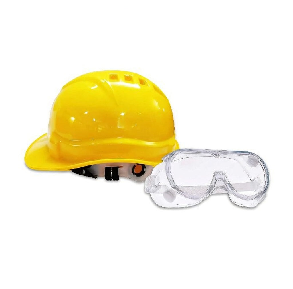Ratchet Helmet Yellow (Pack of 1) and Chemical Safety Googles Transparent (Pack of 5) Combos Kunplast