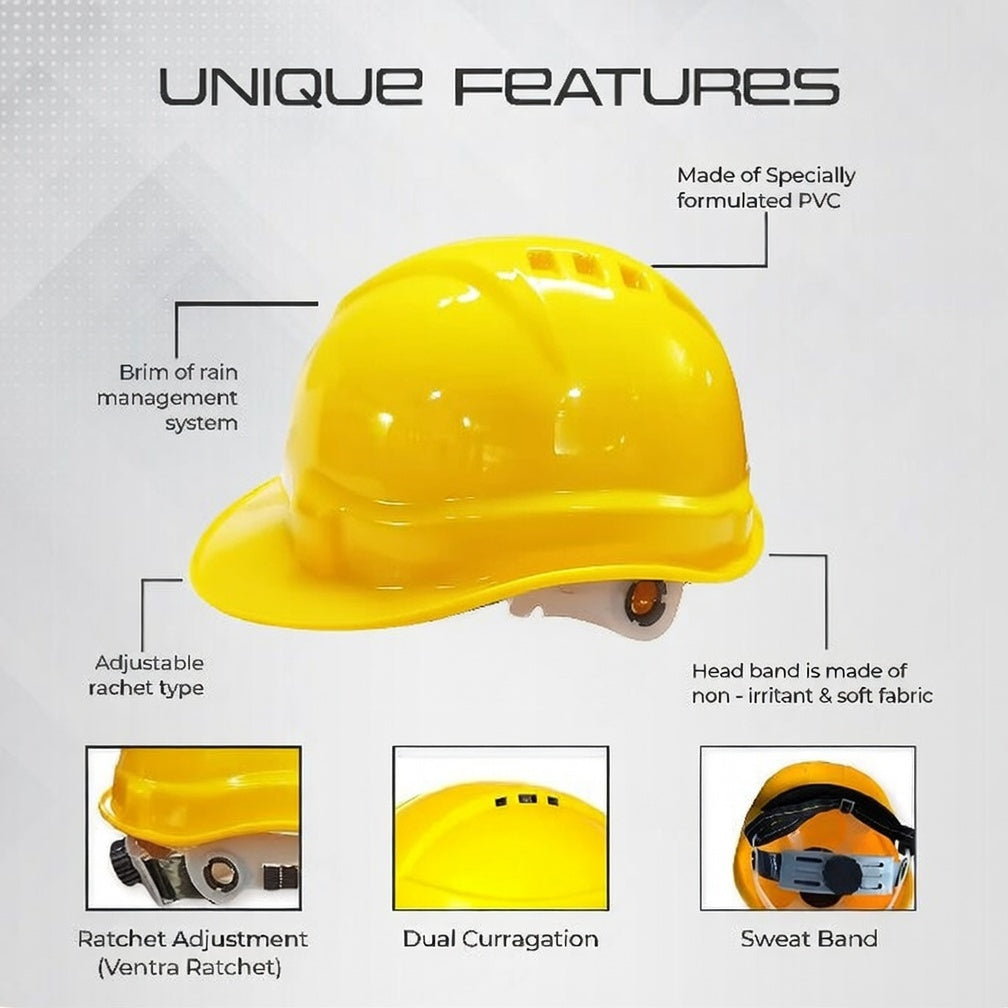Ratchet Helmet Yellow (Pack of 1) and Chemical Safety Googles Transparent (Pack of 5) Combos Kunplast