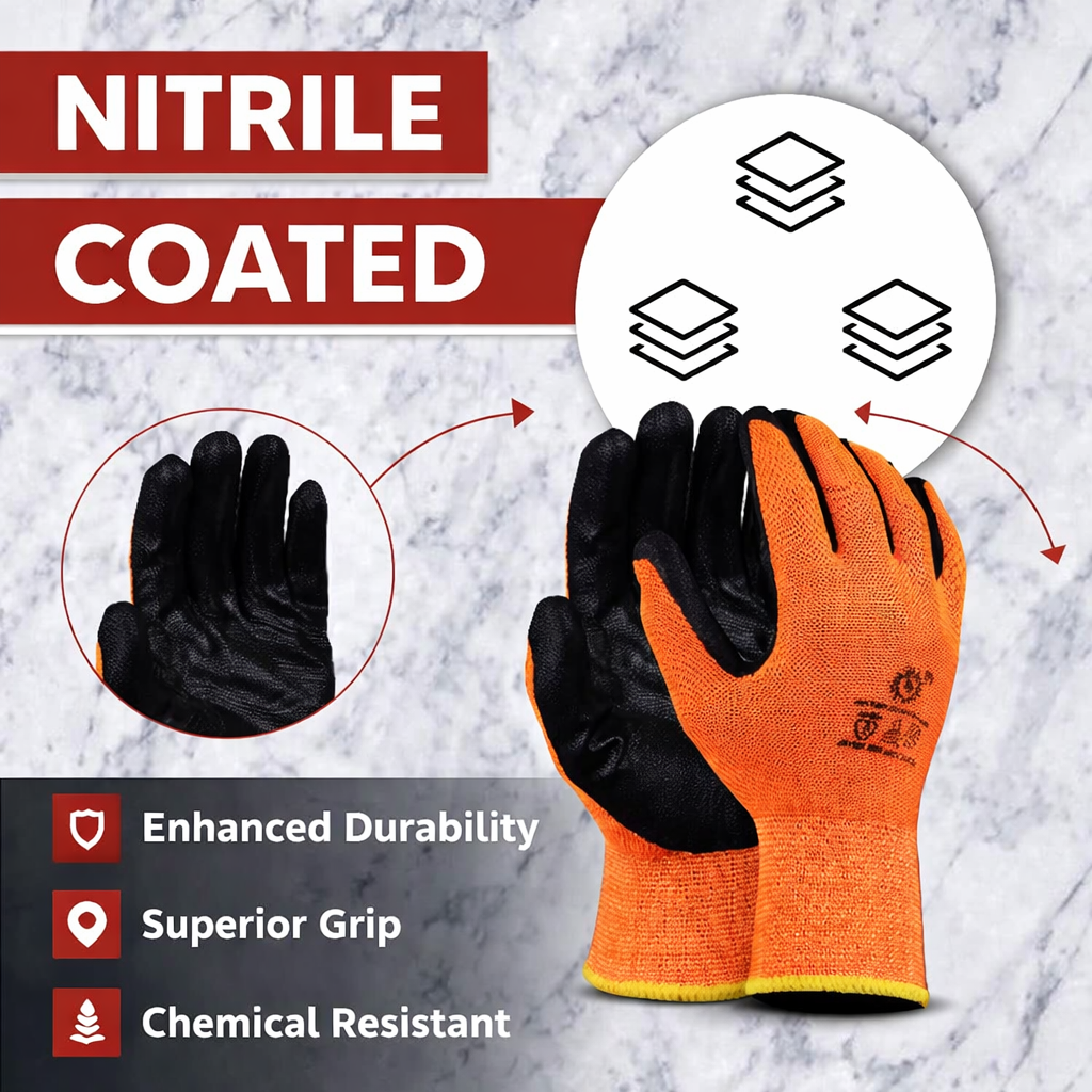 Nylon Nitrile Coated Industrial Safety Hand Gloves Anti-Cut, Heat Resistant, for Finger and Hand Protection Kunplast