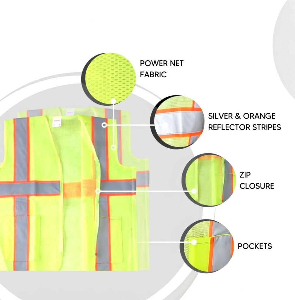 Polyster Fabric V Neck Reflective Safety Jacket, Safety Coat for Traffic, Sports, Construction Site (GREEN ZIPPER) Kunplast