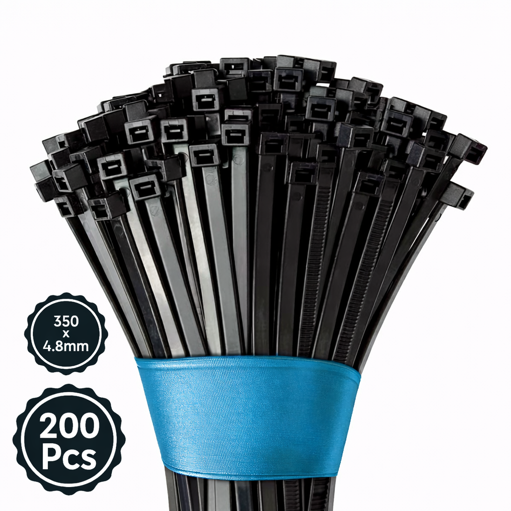 Self Locking Cable Ties, 350 X 4.8 mm, Black, Heat Resistant Cable Zip Ties, Self-Locking Cable Organizer, Anti - Slip Wire Organizer, For Indoor & Outdoor Use Kunplast
