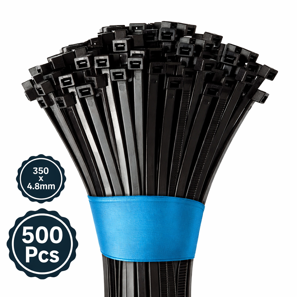 Self Locking Cable Ties, 350 X 4.8 mm, Black, Heat Resistant Cable Zip Ties, Self-Locking Cable Organizer, Anti - Slip Wire Organizer, For Indoor & Outdoor Use Kunplast