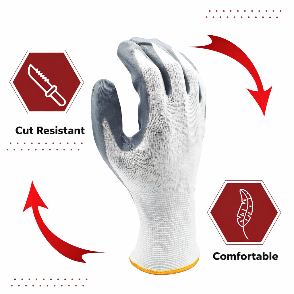 Nylon Nitrile Coated Industrial Safety Hand Gloves Anti-Cut, Cut Resistant, Heat Resistant, Industrial Use, for Finger and Hand Protection Kunplast