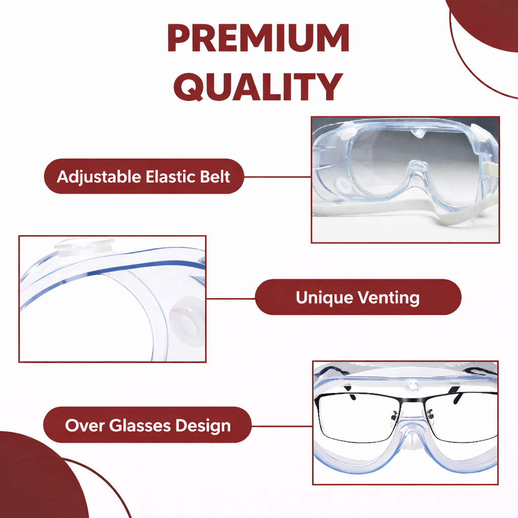 Safety Goggles (Transparent ) for Chemical Protection with an Adjustable Strap and Minimum Lens Fogging Kunplast