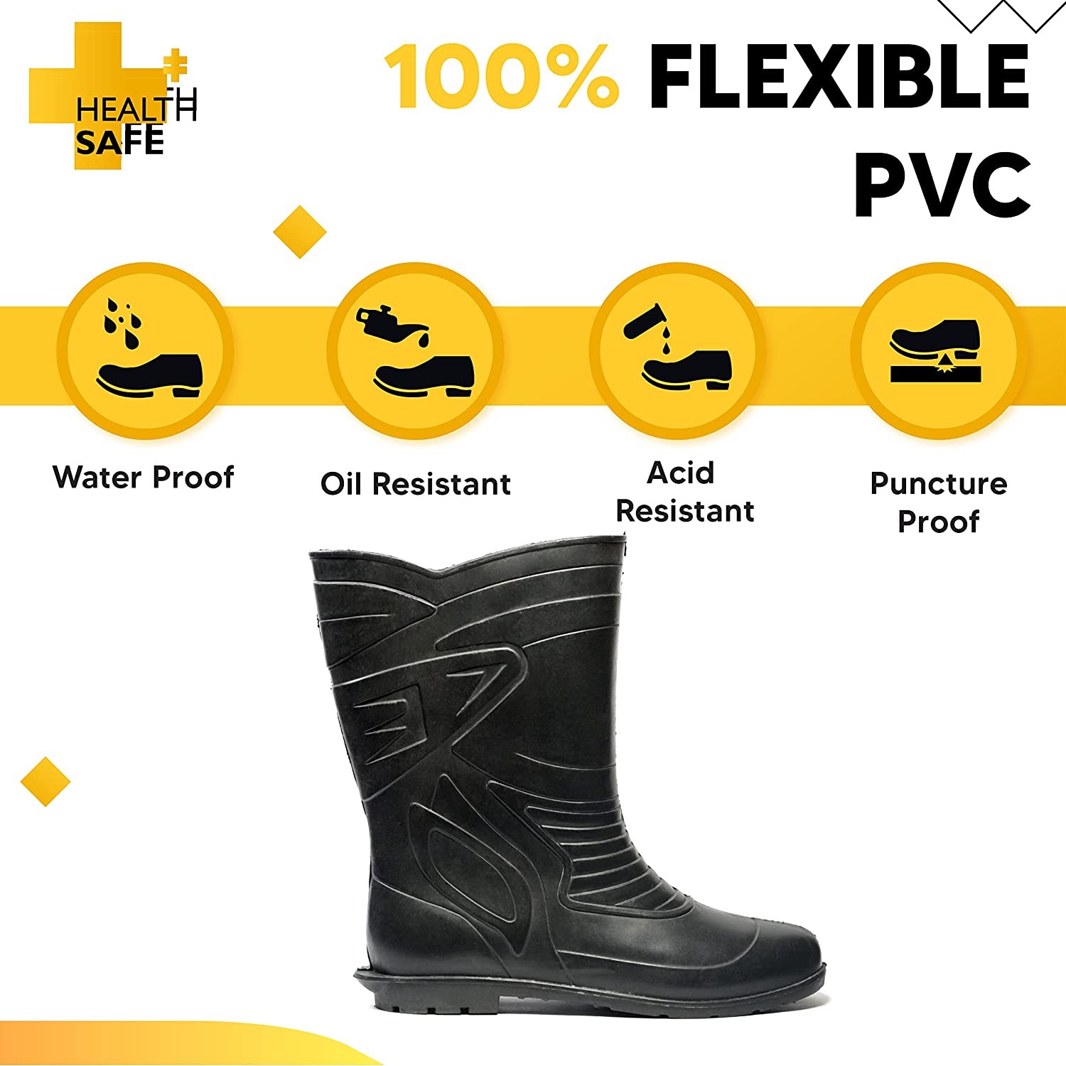 Health Safe Gum Boot For Men, "28.5Cm Height" (Black) Flexible Pvc, Anti-Slip, Oil/Water/Acid Resistance, Industrial/Labor/Worker Purpose, Unisex Gumboot Kunplast