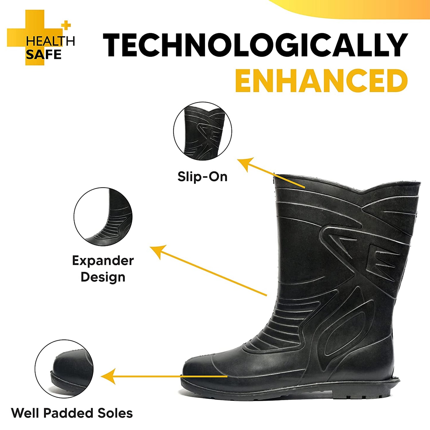 Health Safe Gum Boot For Men, "28.5Cm Height" (Black) Flexible Pvc, Anti-Slip, Oil/Water/Acid Resistance, Industrial/Labor/Worker Purpose, Unisex Gumboot Kunplast