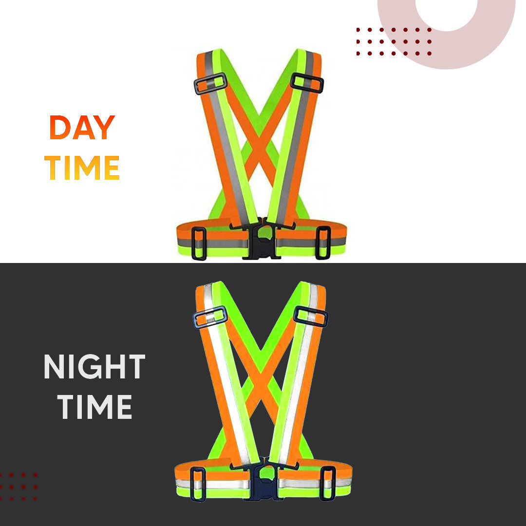 High Visibility Protective Safety Reflective Vest Belt Jacket, Night Cycling Reflector Strips Cross Belt Stripes Adjustable Vest Safety Jacket (DUAL COLOUR) Kunplast