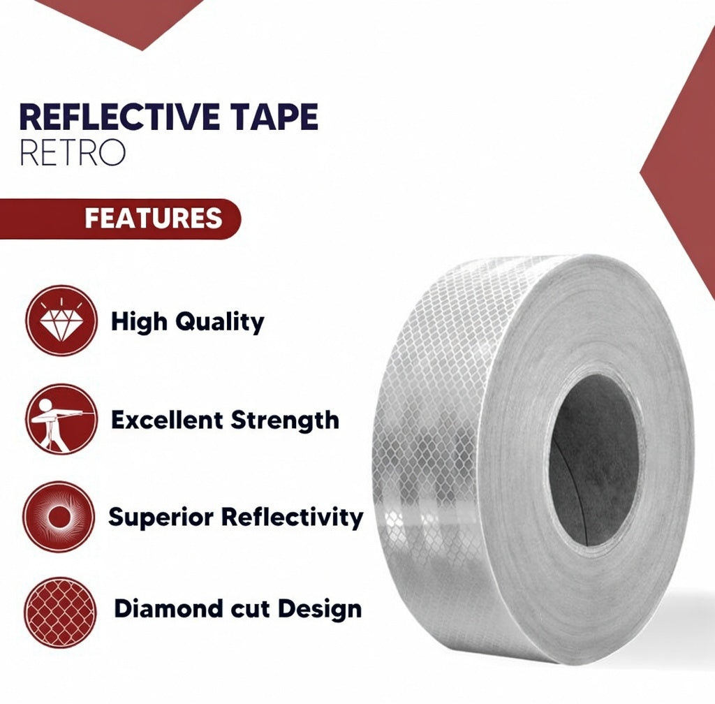 Reflective Tape (42 Mtr X 50mm) White PET Material, Diamond Cut Design (White, Yellow, Red) Kunplast