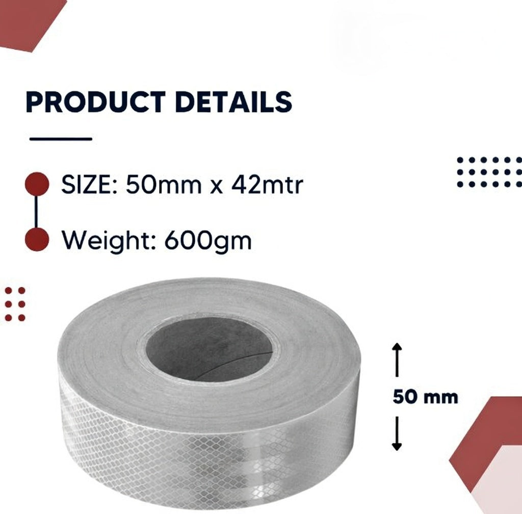 Reflective Tape (42 Mtr X 50mm) White PET Material, Diamond Cut Design (White, Yellow, Red) Kunplast